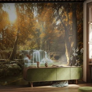 Papier Peint Photo Standard Eco - Cascade d'automne à la lumière du soleil couchant - 100x70cm - Cascade du parc - Décoration murale moderne pour le salon et la chambre ARTTOR