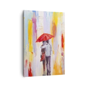 Impression sur toile - Image sur toile - Un couple sous un parapluie rouge avec des bâtiments colorés en arrière-plan. - 70x100cm - Qu'il pleuve encore - Décoration murale moderne pour le salon et la chambre ARTTOR