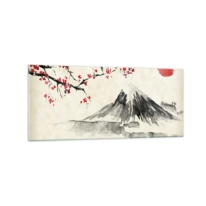Impression sur verre - Image sur verre - Un paysage pittoresque avec une montagne, des cerisiers en fleurs et du soleil - 120x50cm - Tomber amoureux du Japon - Décoration murale moderne pour le salon et la chambre ARTTOR