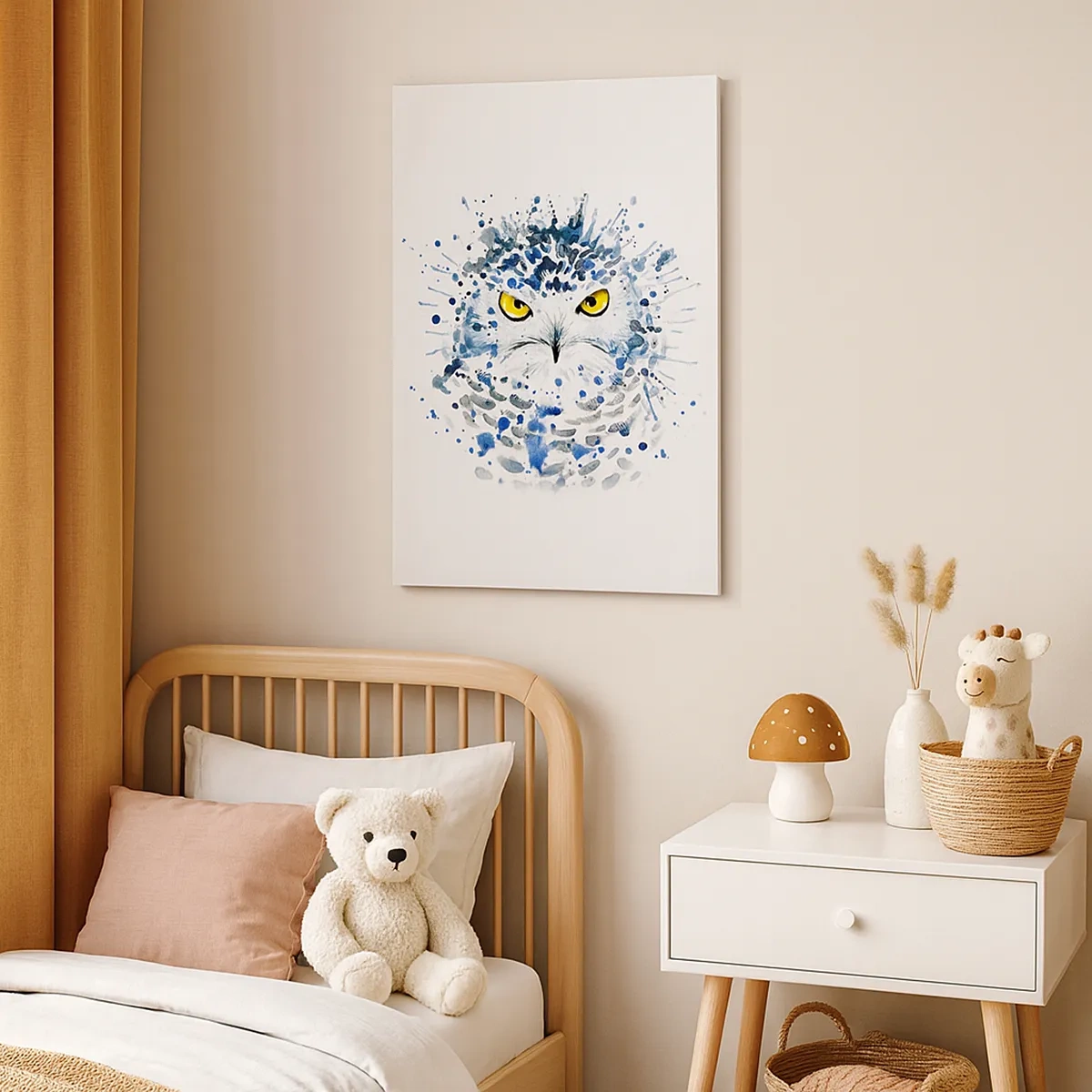 Impression sur toile - Image sur toile - Portrait abstrait d'un hibou aux couleurs bleu et jaune - 50x70cm - Droit dans les yeux - Décoration murale moderne pour le salon et la chambre ARTTOR