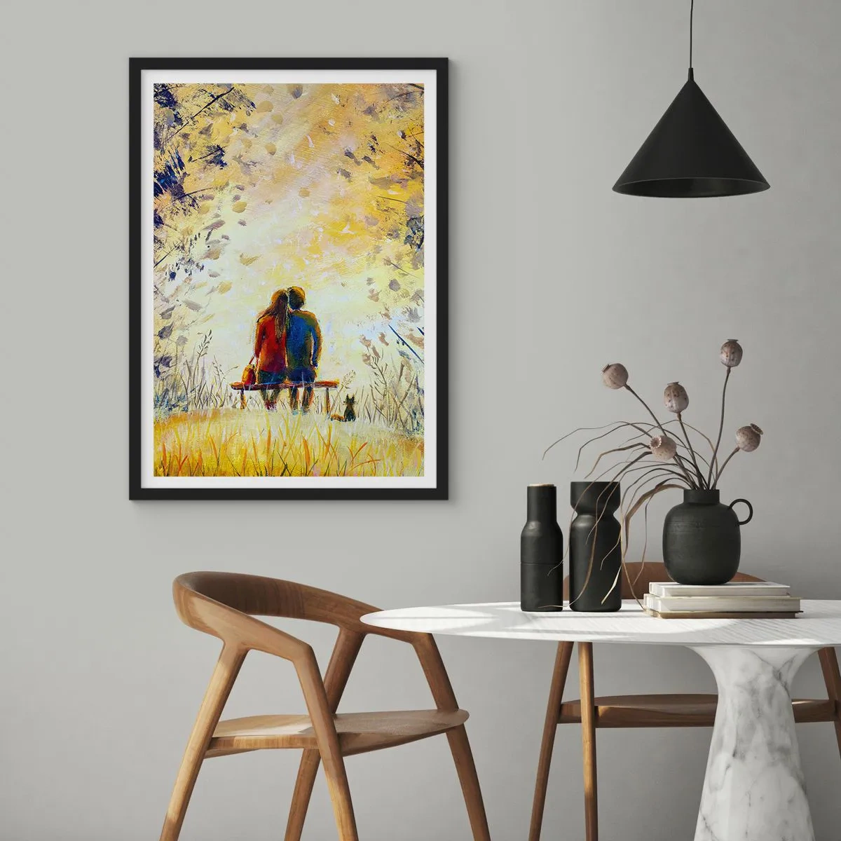Affiche dans un cadre noir - Poster - Un couple assis sur un banc au milieu des couleurs d'automne au coucher du soleil - 50x70cm - Moment magique - Décoration murale moderne pour le salon et la chambre ARTTOR