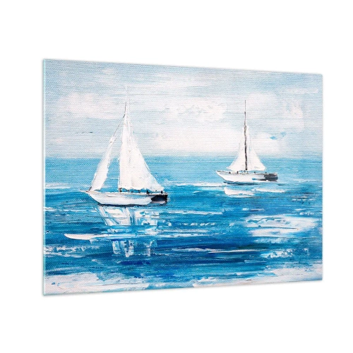 Impression sur verre - Image sur verre - Deux voiliers blancs sur une mer bleue calme - 70x50cm - Avec un ami à mes côtés - Décoration murale moderne pour le salon et la chambre ARTTOR