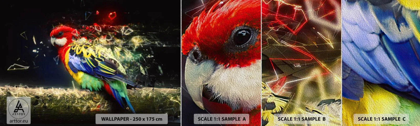 Échantillon de Papier Peint Premium Sand - Messager d'éclat - Abstraction, Perroquet, Oiseau - 100x30 cm