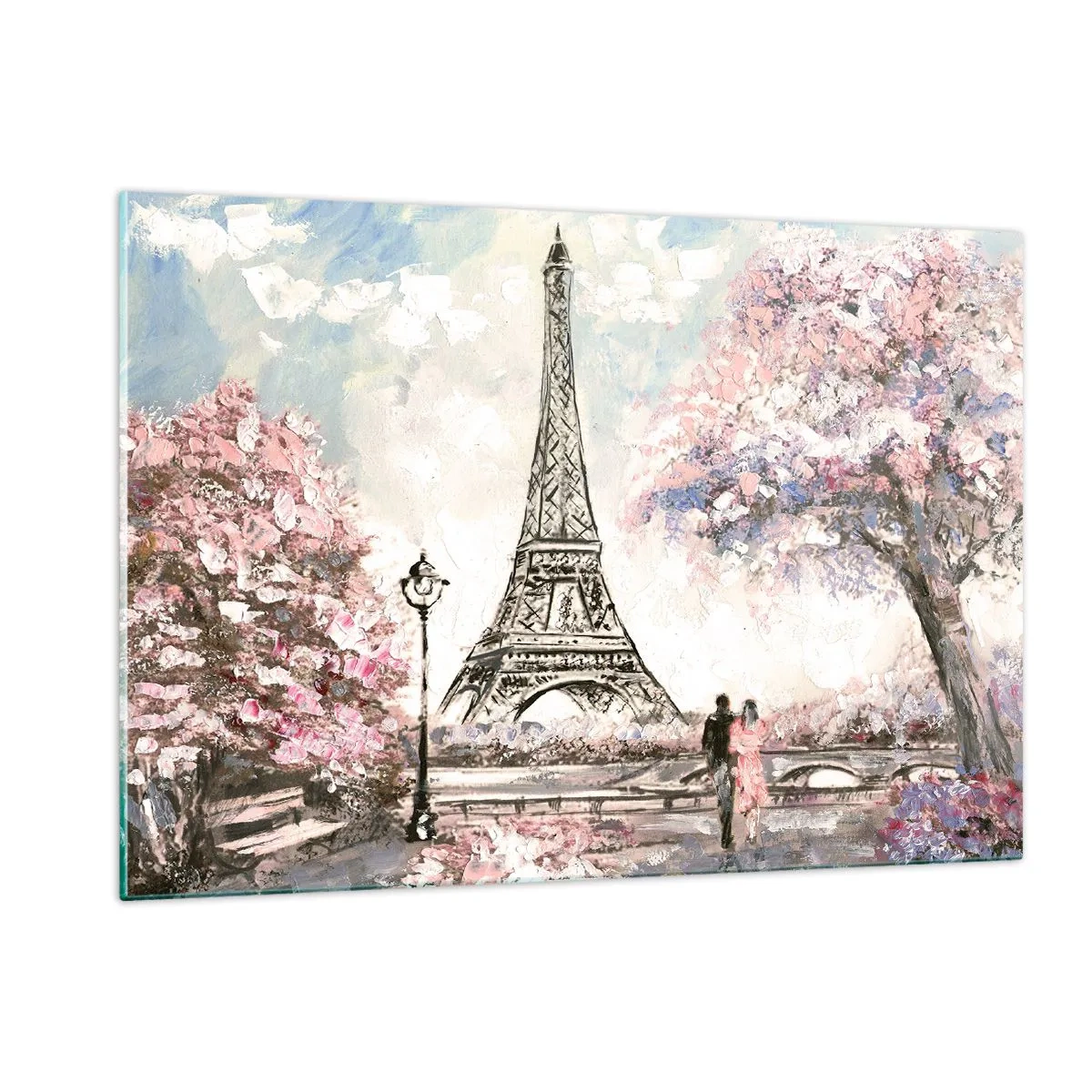 Impression sur verre - Image sur verre - Illustration de la Tour Eiffel dans un décor printanier - 120x80cm - Balade d'avril à Paris - Décoration murale moderne pour le salon et la chambre ARTTOR