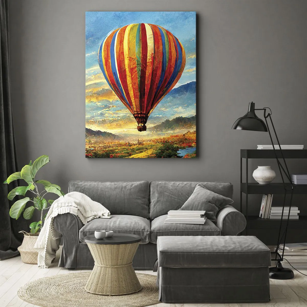 Impression sur toile - Image sur toile - Un ballon coloré au-dessus d'un paysage pittoresque - 70x100cm - Dans le silence on voit mieux - Décoration murale moderne pour le salon et la chambre ARTTOR