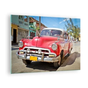 Impression sur verre - Image sur verre - Voiture vintage rouge dans une rue de la ville - 70x50cm - Seulement à Cuba - Décoration murale moderne pour le salon et la chambre ARTTOR