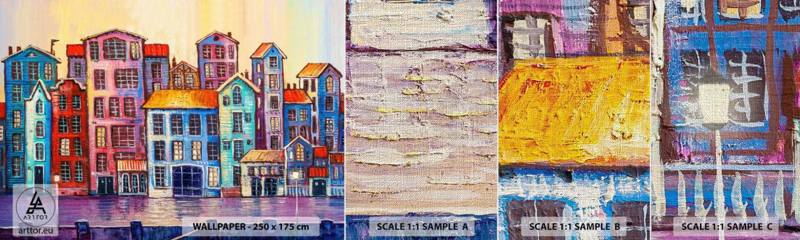 Échantillon de Papier Peint Premium Canvas - Une ville comme dans un conte de fées - Morceau, Immeubles d'habitation, Ville - 100x30 cm