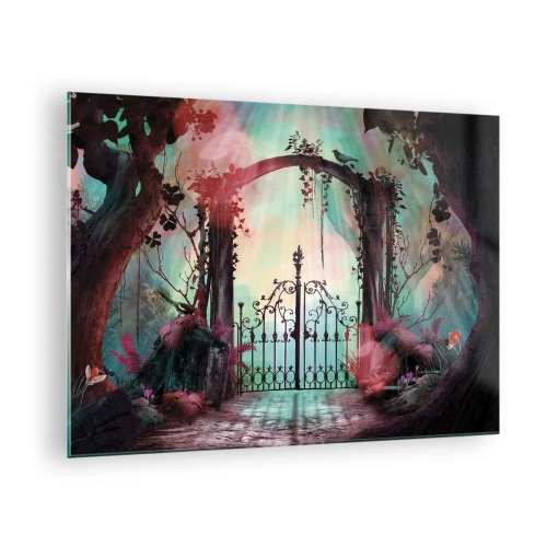 Impression sur verre - Image sur verre - Portes magiques dans une forêt de conte de fées - 70x50cm - Jardin secret - Décoration murale moderne pour le salon et la chambre ARTTOR