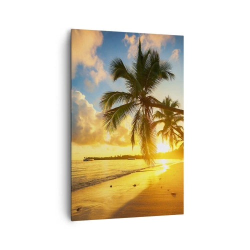 Impression sur toile - Image sur toile - Plage au coucher du soleil avec des palmiers au bord de la mer - 80x120cm - Rêve caribéen - Décoration murale moderne pour le salon et la chambre ARTTOR