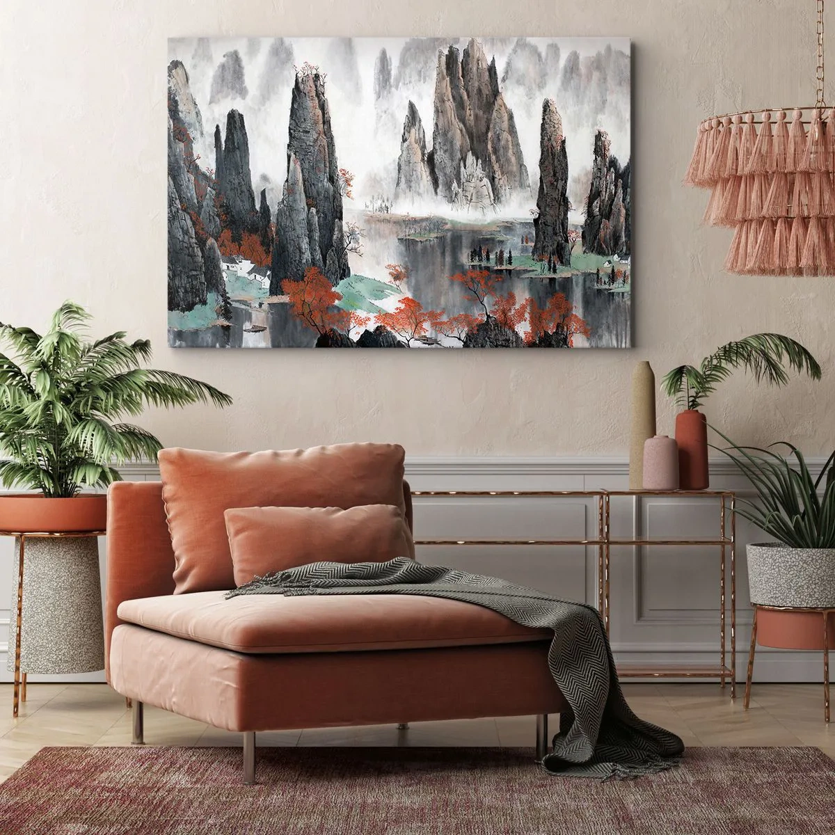 Impression sur toile - Image sur toile - Rochers et arbres pittoresques dans le paysage brumeux de la Chine - 70x50cm - De puissants gardiens - Décoration murale moderne pour le salon et la chambre ARTTOR