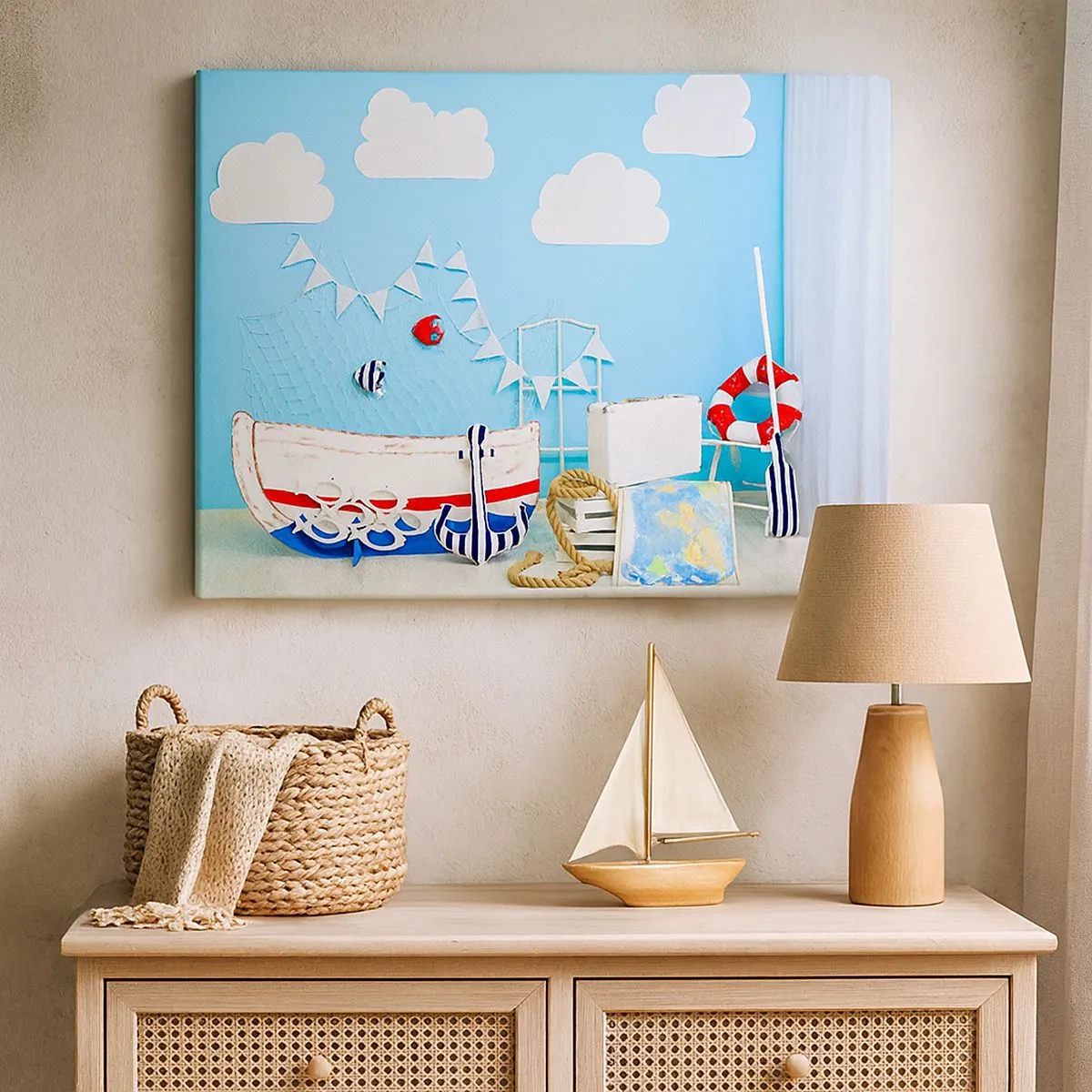 Impression sur toile - Image sur toile - Décoration nautique avec un bateau et des accessoires sur fond bleu - 70x50cm - Nostalgie infantile de l'aventure - Décoration murale moderne pour le salon et la chambre ARTTOR