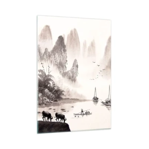Impression sur verre - Image sur verre - Paysage chinois avec montagnes, arbres et eau - 50x70cm - Le quotidien exotique de l'Orient - Décoration murale moderne pour le salon et la chambre ARTTOR