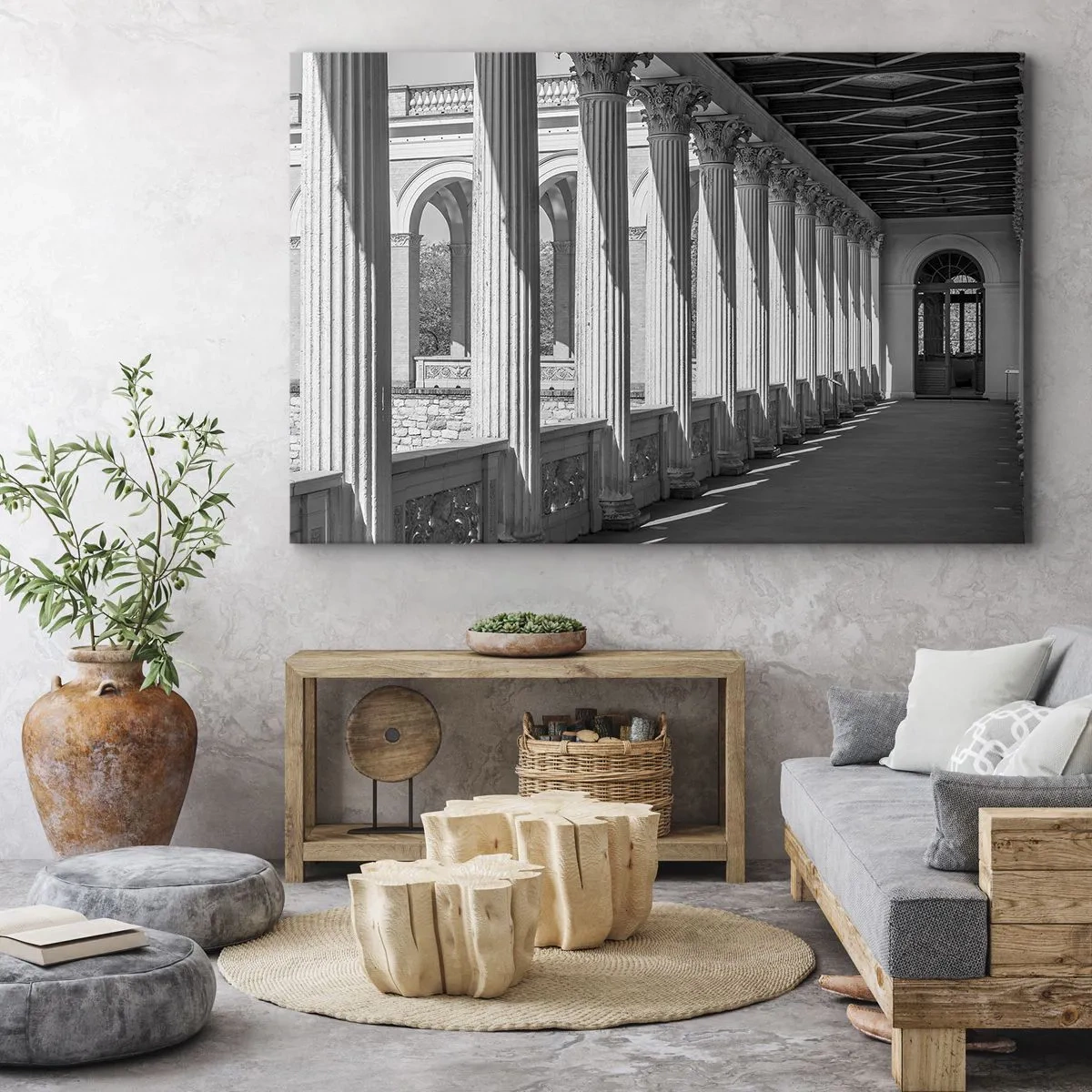 Impression sur toile - Image sur toile - Colonnade de style classique en noir et blanc - 120x80cm - Arcade ensoleillée - Décoration murale moderne pour le salon et la chambre ARTTOR