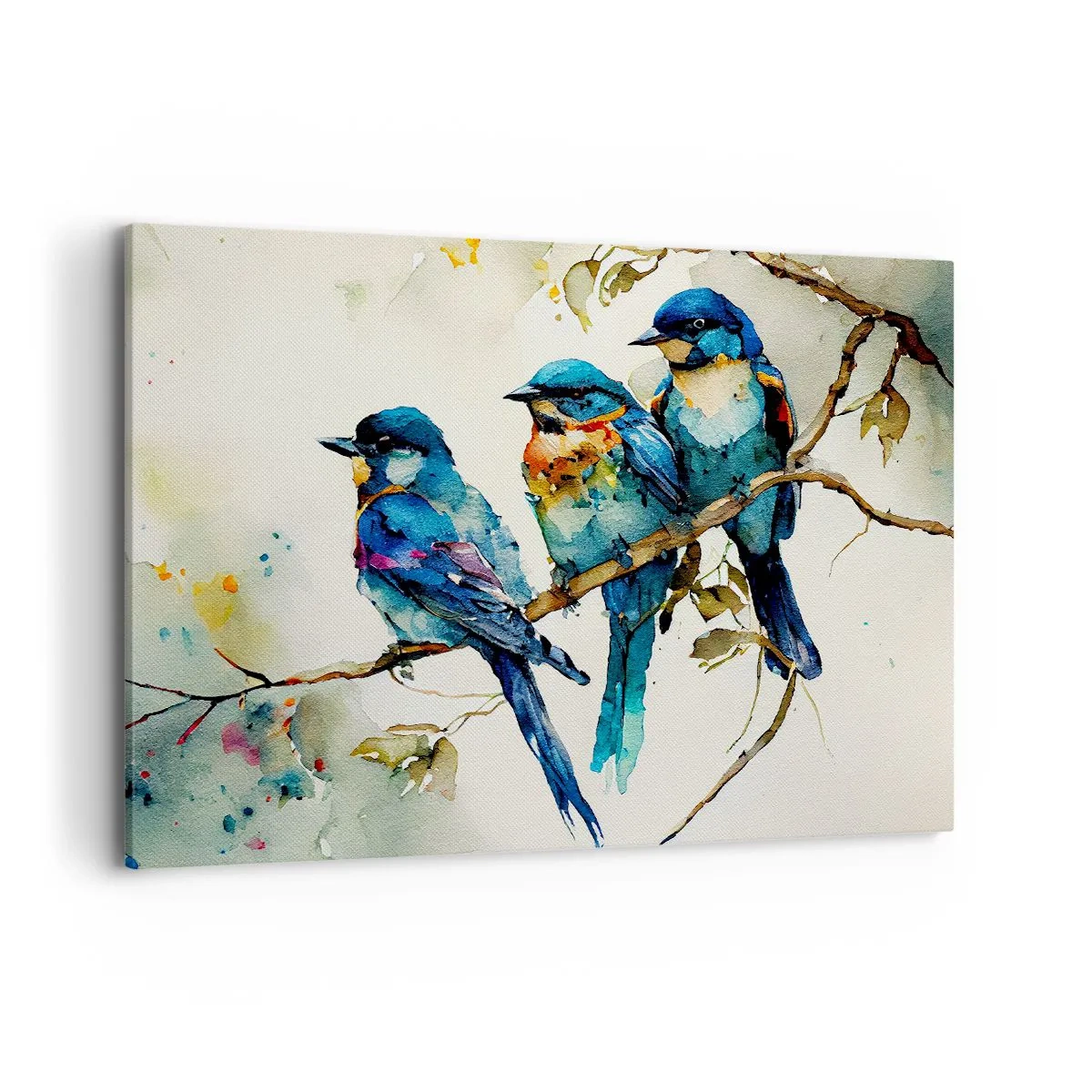 Impression sur toile - Image sur toile - Trois oiseaux colorés sur une branche dans un style aquarelle - 100x70cm - A-t-il été offensé ? - Décoration murale moderne pour le salon et la chambre ARTTOR
