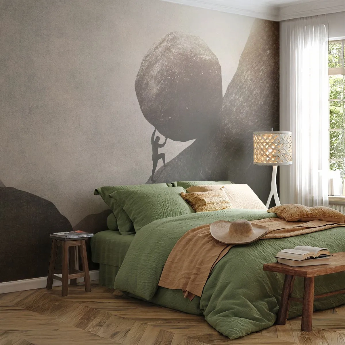 Papier Peint Photo Premium Sand - Une silhouette poussant un rocher en montée dans un paysage accidenté - 100x70cm - Je crois contre tout espoir - Décoration murale moderne pour le salon et la chambre ARTTOR