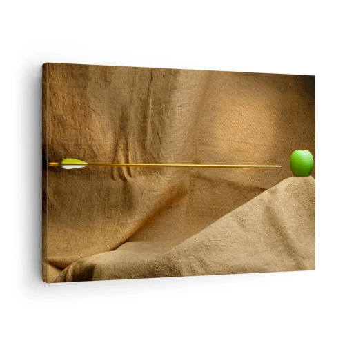 Impression sur toile - Image sur toile - Pomme verte sur tissu avec une flèche créant une composition - 70x50cm - Invoquer l'esprit de Guillaume Tell - Décoration murale moderne pour le salon et la chambre ARTTOR