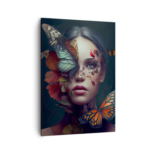 Impression sur toile - Image sur toile - Portrait d'une femme avec des papillons et des éléments végétaux - 50x70cm - Une merveilleuse métamorphose - Décoration murale moderne pour le salon et la chambre ARTTOR