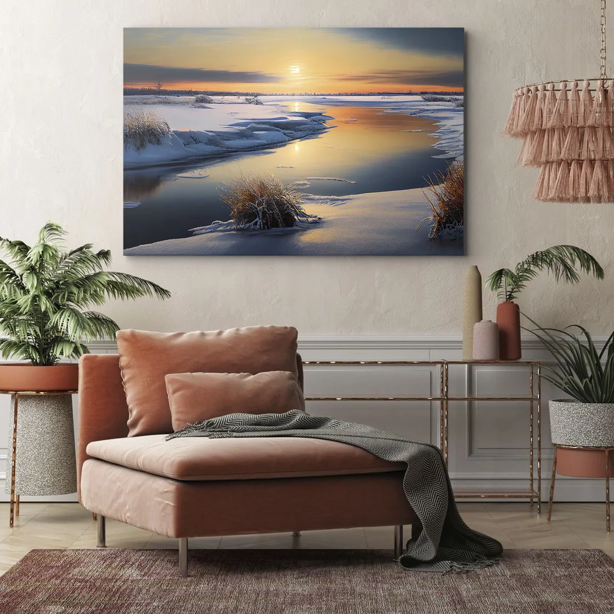 Impression sur toile - Image sur toile - Paysage d'hiver avec une rivière au coucher du soleil - 120x80cm - Coucher de soleil d'hiver - Décoration murale moderne pour le salon et la chambre ARTTOR