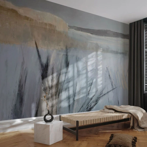 Papier Peint Photo Premium Canvas - Un paysage hivernal pittoresque avec des champs et des herbes - 100x70cm - Champs d'hiver - Décoration murale moderne pour le salon et la chambre ARTTOR