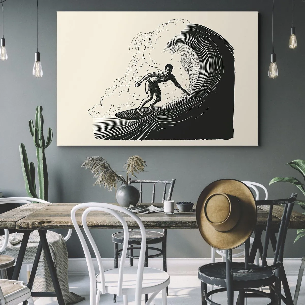 Impression sur toile - Image sur toile - Graphique en noir et blanc d'un surfeur sur une vague - 70x50cm - Le roi de la vague - Décoration murale moderne pour le salon et la chambre ARTTOR