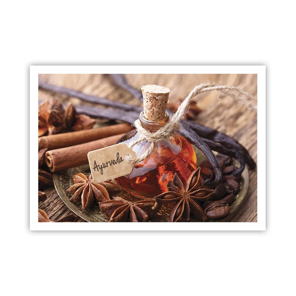 Affiche - Poster - Une bouteille d'huile d'épices sur un plateau - 100x70cm - Vers l'unité du corps et de l'esprit - Décoration murale moderne pour le salon et la chambre ARTTOR