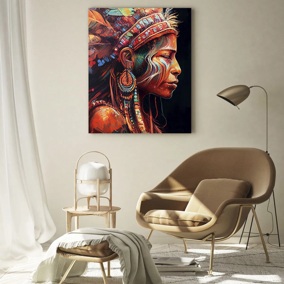 Impression sur verre - Image sur verre - Une figure portant une coiffe à plumes buvant une potion dans une atmosphère mystique - 50x70cm - Rituel magique - Décoration murale moderne pour le salon et la chambre ARTTOR