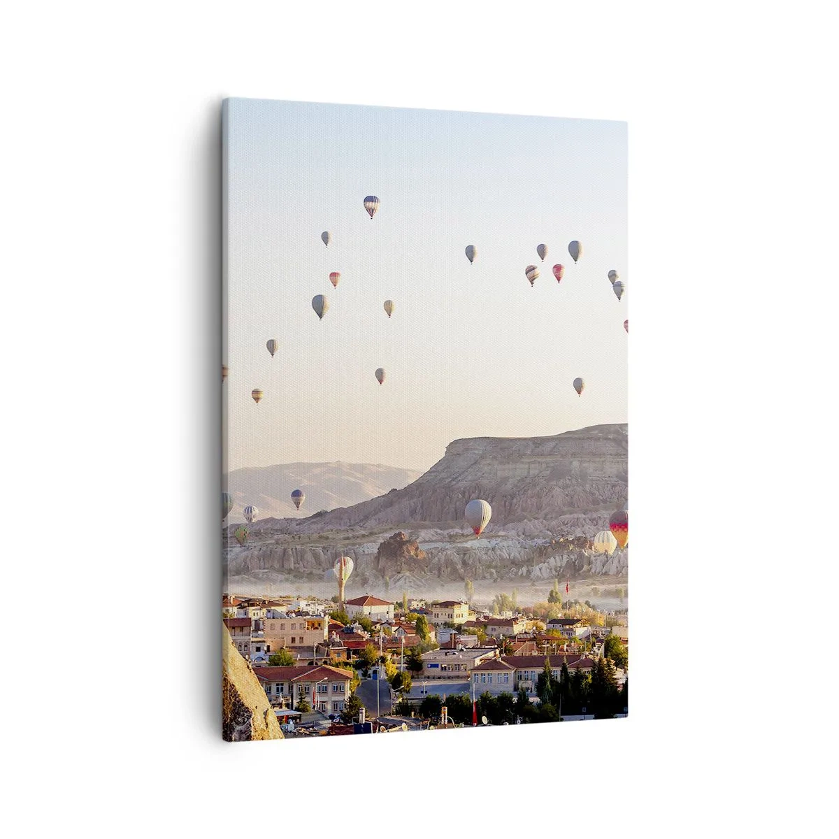 Impression sur toile - Image sur toile - Cappadoce avec des ballons sur fond de collines pittoresques - 50x70cm - Comme des navires dans le ciel - Décoration murale moderne pour le salon et la chambre ARTTOR
