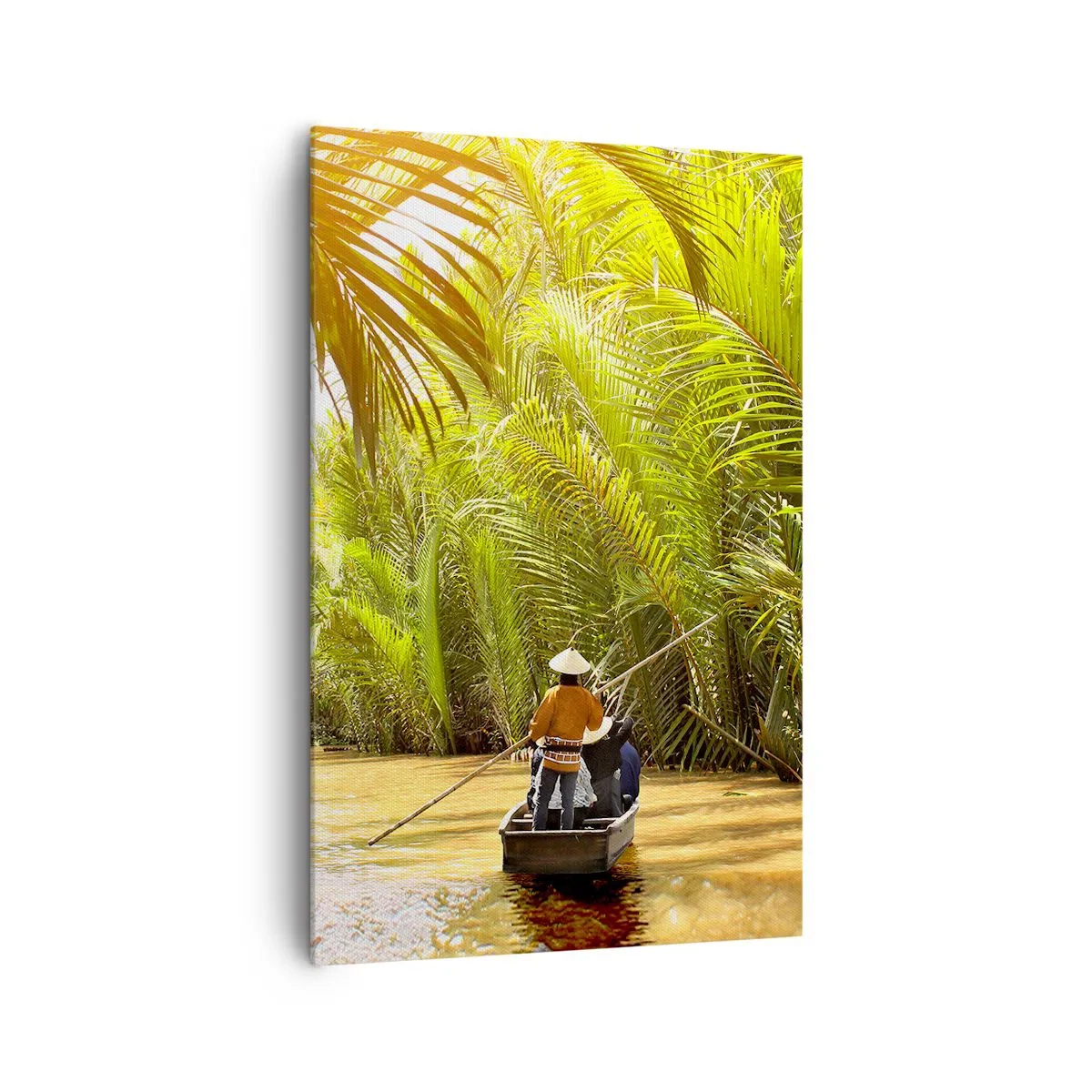 Impression sur toile - Image sur toile - Un bateau sur une rivière entourée de végétation tropicale - 80x120cm - Ravin de palmier - Décoration murale moderne pour le salon et la chambre ARTTOR