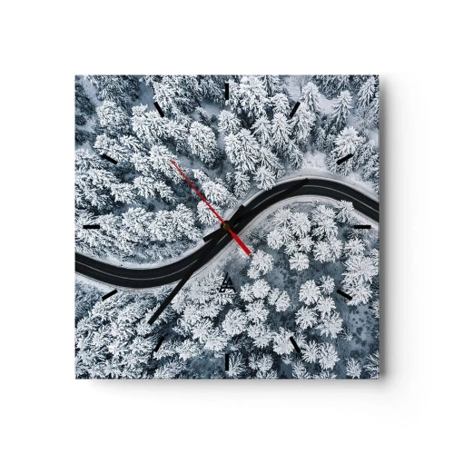 Horloge murale - Pendule murale - Vue aérienne d'une route sinueuse dans une forêt hivernale - 30x30cm - À travers une forêt d'hiver - Décoration murale moderne pour le salon et la chambre ARTTOR