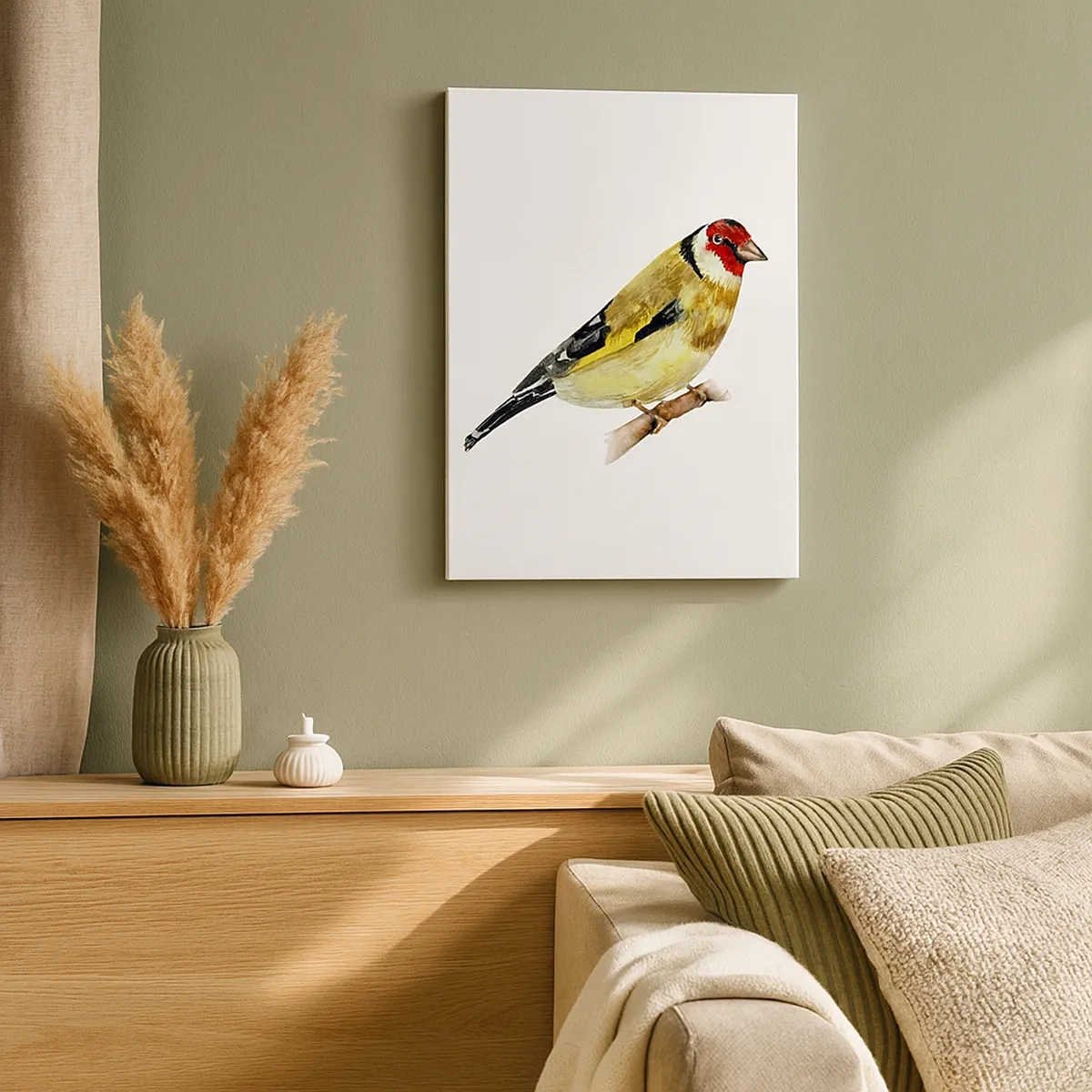 Impression sur toile - Image sur toile - Un oiseau à tête rouge sur une branche - 50x70cm - Portrait d'oiseau - Décoration murale moderne pour le salon et la chambre ARTTOR