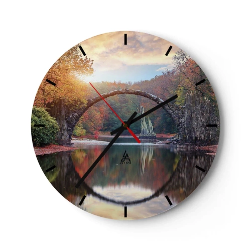 Horloge murale - Pendule murale - Un pont en arc de pierre se reflétant dans l'eau crée un cercle - 30x30cm - De l'autre cote du miroir - Décoration murale moderne pour le salon, la cuisine et la chambre ARTTOR