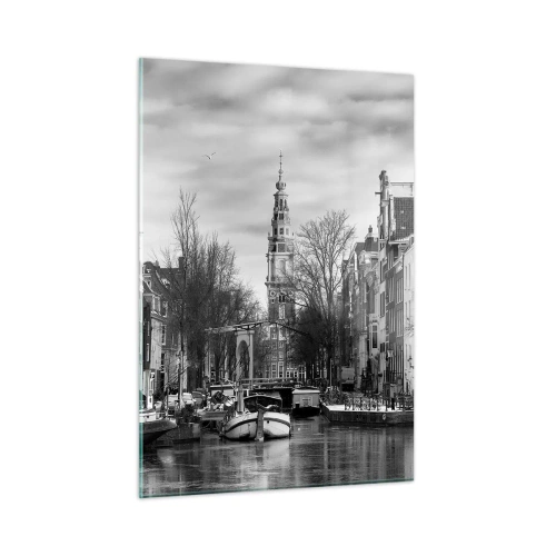 Impression sur verre - Image sur verre - Vue en noir et blanc d'un canal à Amsterdam - 50x70cm - Climat d'Amsterdam - Décoration murale moderne pour le salon et la chambre ARTTOR