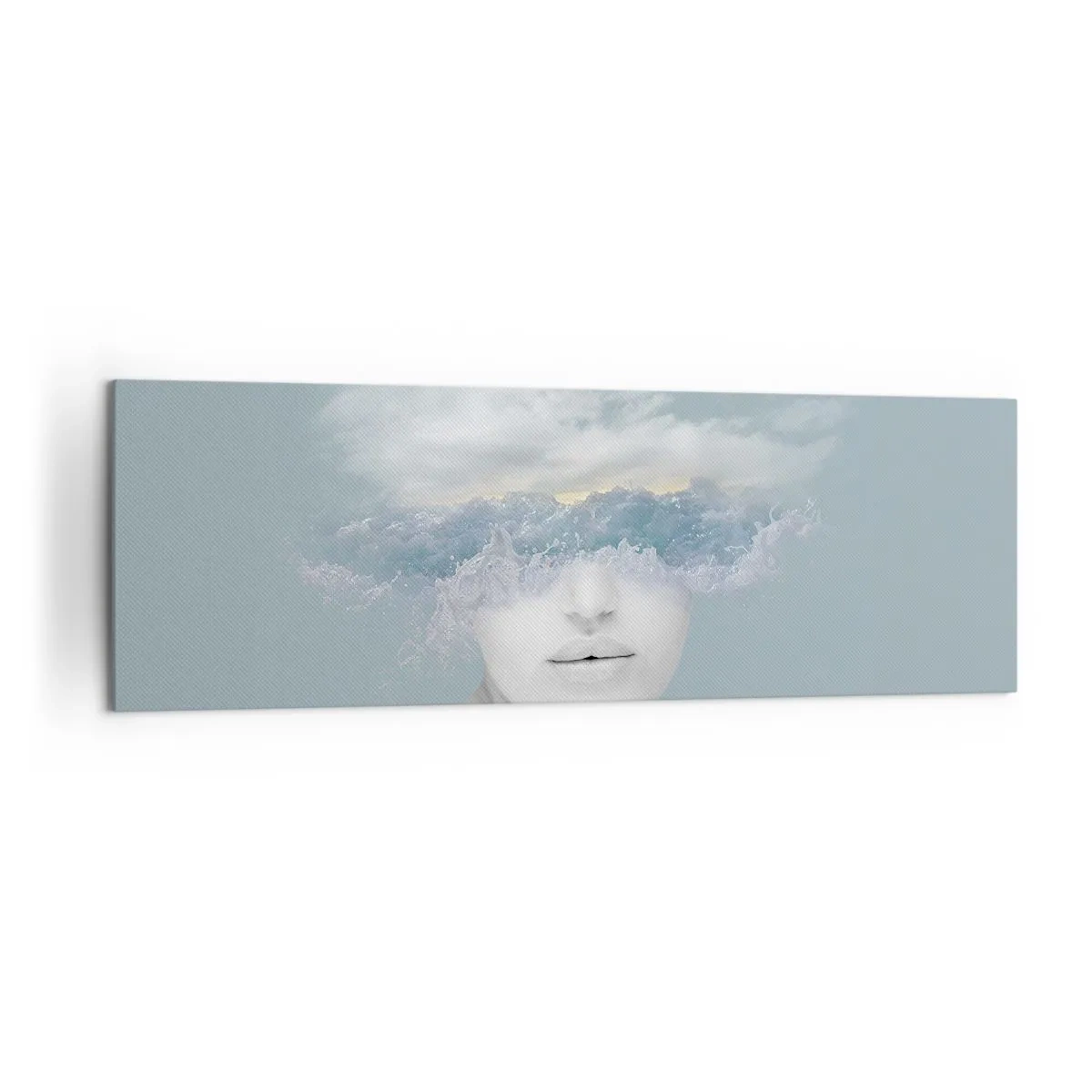 Impression sur toile - Image sur toile - Portrait d'une femme avec son visage caché derrière les nuages et les vagues - 160x50cm - La tête dans les nuages - Décoration murale moderne pour le salon et la chambre ARTTOR