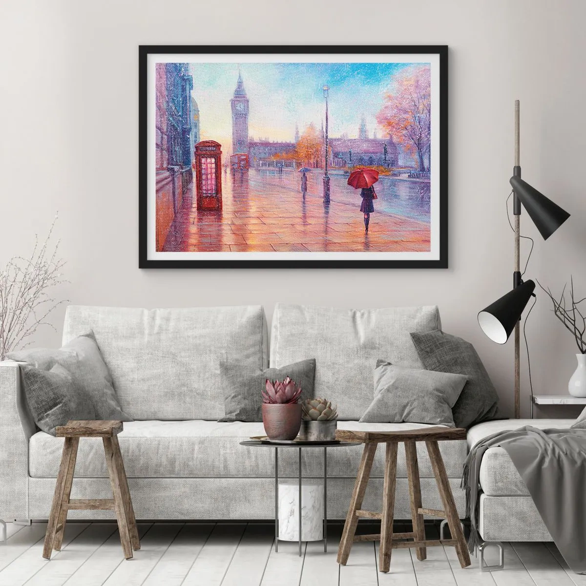 Affiche dans un cadre noir - Poster - Rue de Londres avec Big Ben un jour de pluie - 70x50cm - Jour automnal londonien - Décoration murale moderne pour le salon et la chambre ARTTOR