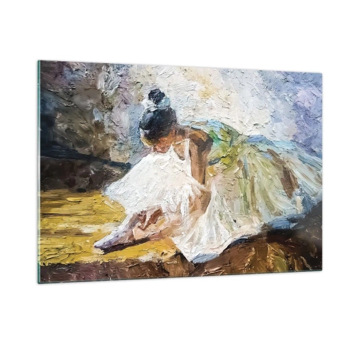 Impression sur verre - Image sur verre - Une ballerine penchée en avant dans une robe blanche peinte avec une texture à l'huile - 120x80cm - D'après un tableau de Degas - Décoration murale moderne pour le salon et la chambre ARTTOR