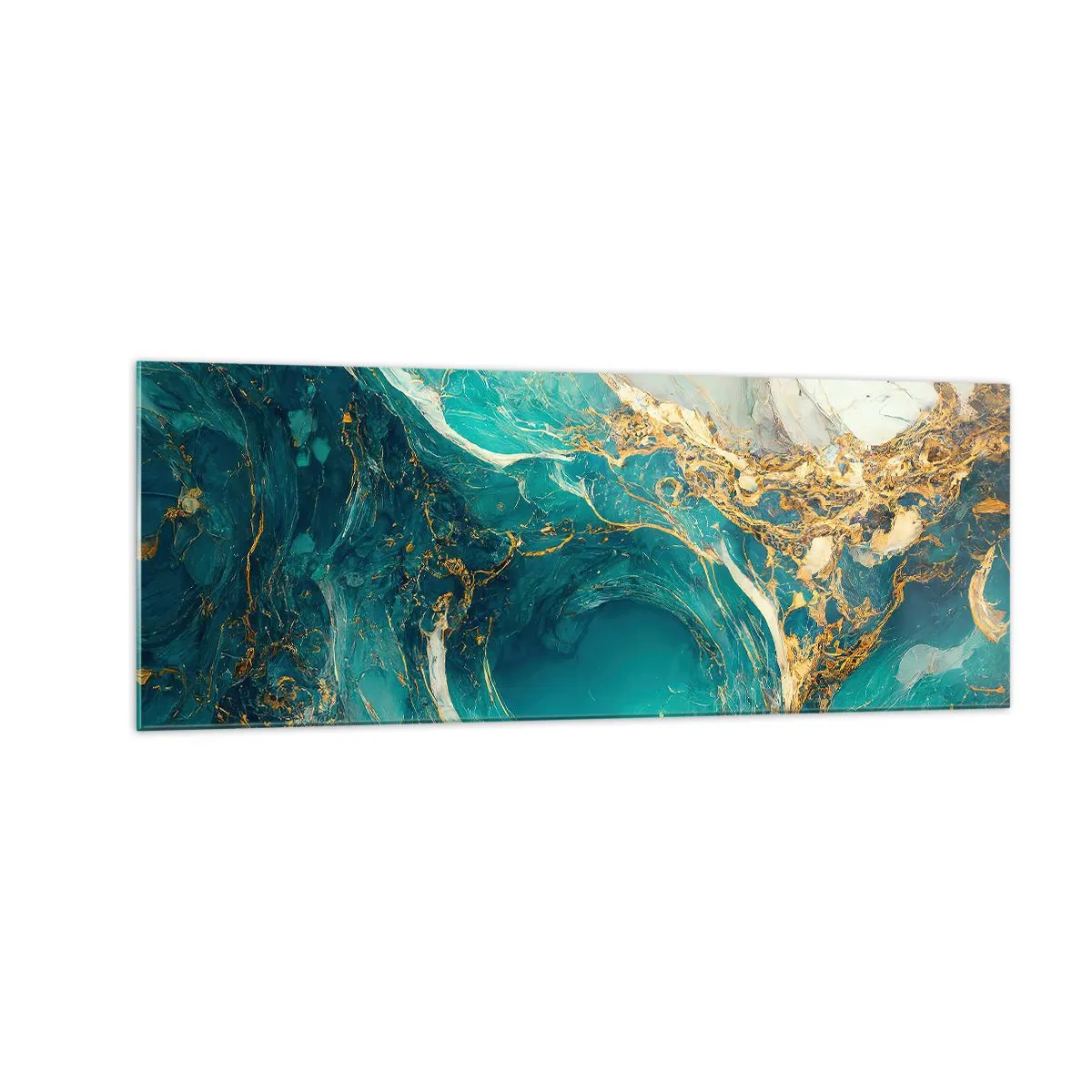 Impression sur verre - Image sur verre - Une composition abstraite dans des tons turquoise et or. - 140x50cm - Composition en veines d'or - Décoration murale moderne pour le salon et la chambre ARTTOR
