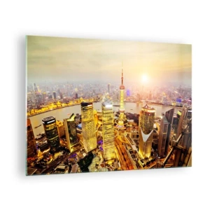 Impression sur verre - Image sur verre - Panorama de la ville au coucher du soleil avec des gratte-ciels - 70x50cm - Rêve asiatique - Décoration murale moderne pour le salon et la chambre ARTTOR