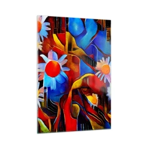 Impression sur verre - Image sur verre - Fleurs abstraites colorées sur un fond de couleurs intenses - 50x70cm - Les couleurs de la vie - Décoration murale moderne pour le salon et la chambre ARTTOR