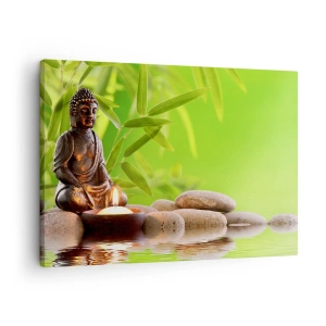 Impression sur toile - Image sur toile - Figure de Bouddha avec des pierres et une bougie sur un fond de bambou - 70x50cm - La vie est belle - Décoration murale moderne pour le salon et la chambre ARTTOR
