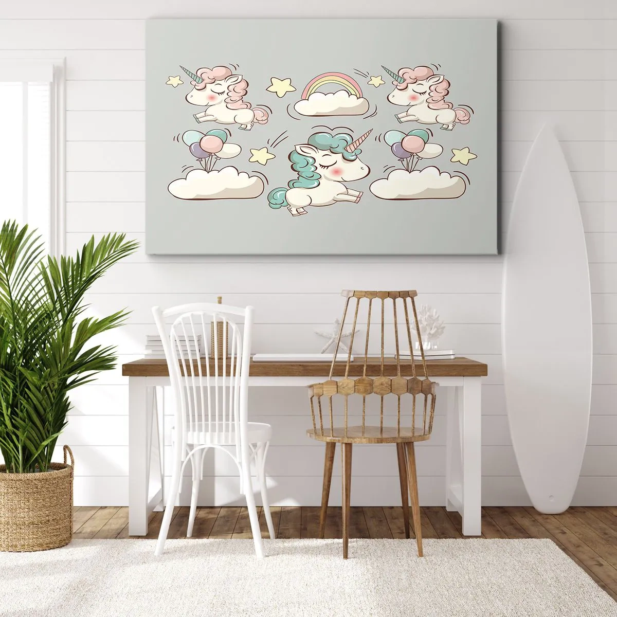 Impression sur toile - Image sur toile - Licornes mignonnes sur fond pastel - 70x50cm - Ils existe, c'est sûr… - Décoration murale moderne pour le salon et la chambre ARTTOR