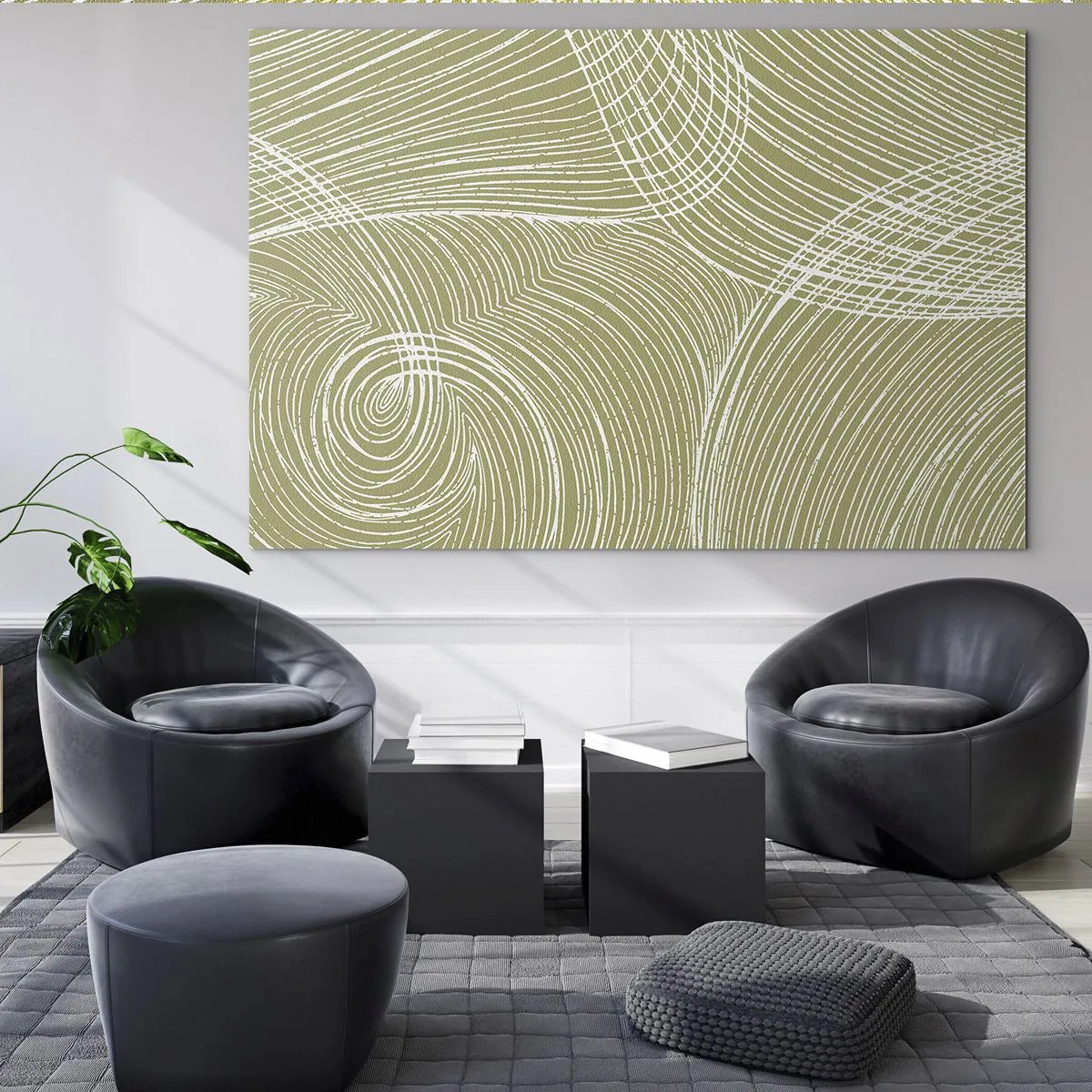 Impression sur verre - Image sur verre - Les lignes blanches forment une structure complexe sur un fond vert olive. - 120x80cm - Abstraction complexe de blanc - Décoration murale moderne pour le salon et la chambre ARTTOR