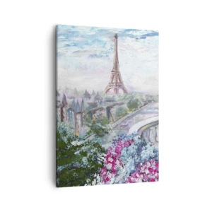 Impression sur toile - Image sur toile - Une vue romantique de Paris avec la Tour Eiffel et un balcon rempli de fleurs - 50x70cm - C'est le plus beau ici en mai - Décoration murale moderne pour le salon et la chambre ARTTOR
