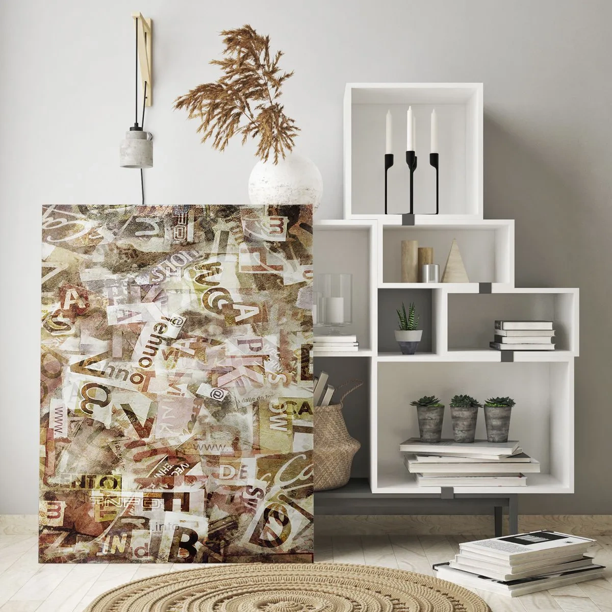 Impression sur verre - Image sur verre - Composition abstraite avec lettres et fragments de texte - 80x120cm - J'unifie le bavardage - Décoration murale moderne pour le salon et la chambre ARTTOR