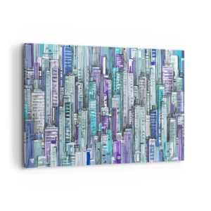 Impression sur toile - Image sur toile - Illustration d'une ville avec des bâtiments géométriques dans des tons de bleu et de violet. - 100x70cm - Bleuâtre avec le ciel - Décoration murale moderne pour le salon et la chambre ARTTOR