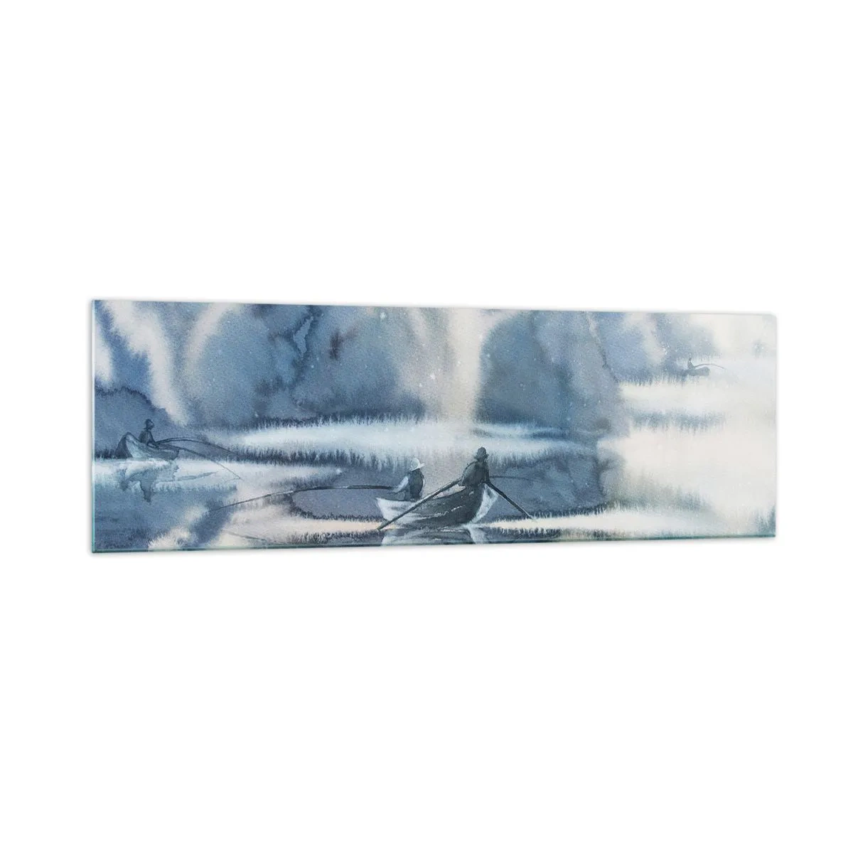 Impression sur verre - Image sur verre - Paysage à l'aquarelle avec des bateaux sur un lac entouré d'une forêt brumeuse - 160x50cm - Les pêcheurs dans leur paradis - Décoration murale moderne pour le salon et la chambre ARTTOR