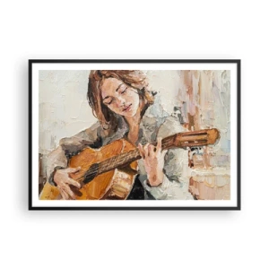Affiche dans un cadre noir - Poster - Portrait d'une fille jouant de la guitare dans un style pictural aux couleurs chaudes. - 100x70cm - Concerto pour guitare et coeur de fille - Décoration murale moderne pour le salon et la chambre ARTTOR