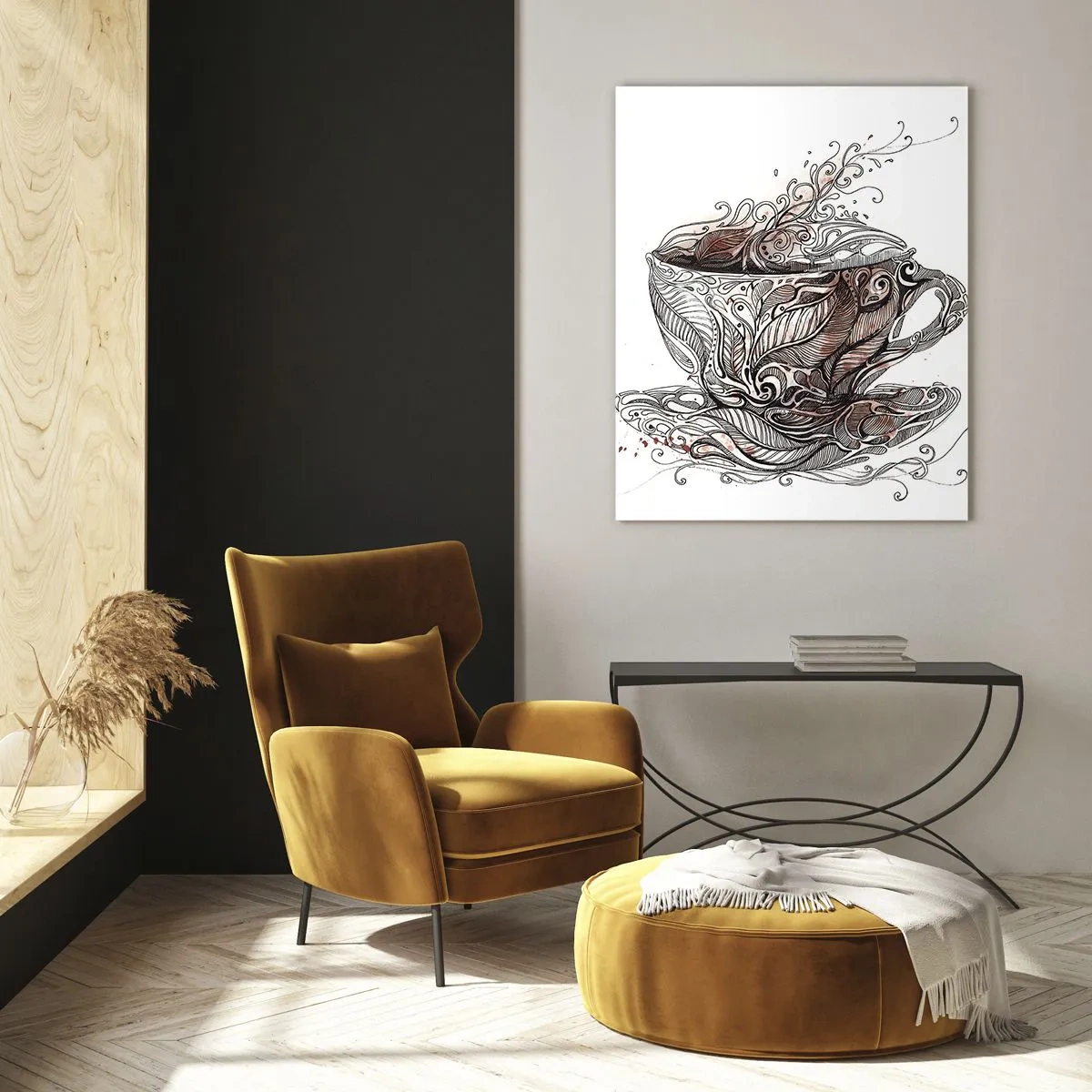 Impression sur verre - Image sur verre - Dessin artistique d'une tasse avec ornements et vapeur - 50x70cm - Du thé, bon pour tout - Décoration murale moderne pour le salon et la chambre ARTTOR