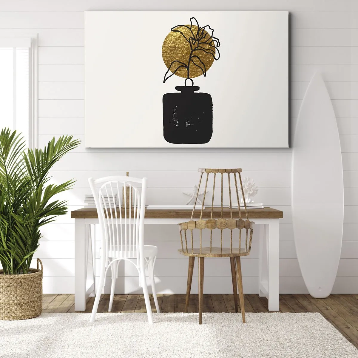 Impression sur toile - Image sur toile - Un dessin d'une fleur dans un vase sur un fond de cercle doré - 120x80cm - La beauté vaut son pesant d'or - Décoration murale moderne pour le salon et la chambre ARTTOR