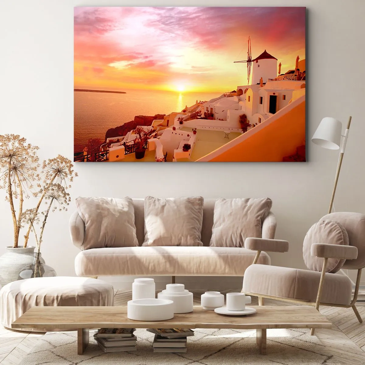 Impression sur toile - Image sur toile - Santorin au coucher du soleil avec un moulin à vent - 100x70cm - Fondre en blanc et or - Décoration murale moderne pour le salon et la chambre ARTTOR