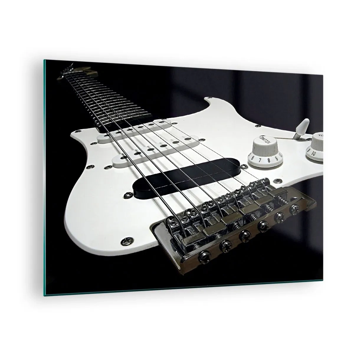 Impression sur verre - Image sur verre - Gros plan d'une guitare électrique blanche sur un fond sombre - 70x50cm - Son caché en blanc - Décoration murale moderne pour le salon et la chambre ARTTOR